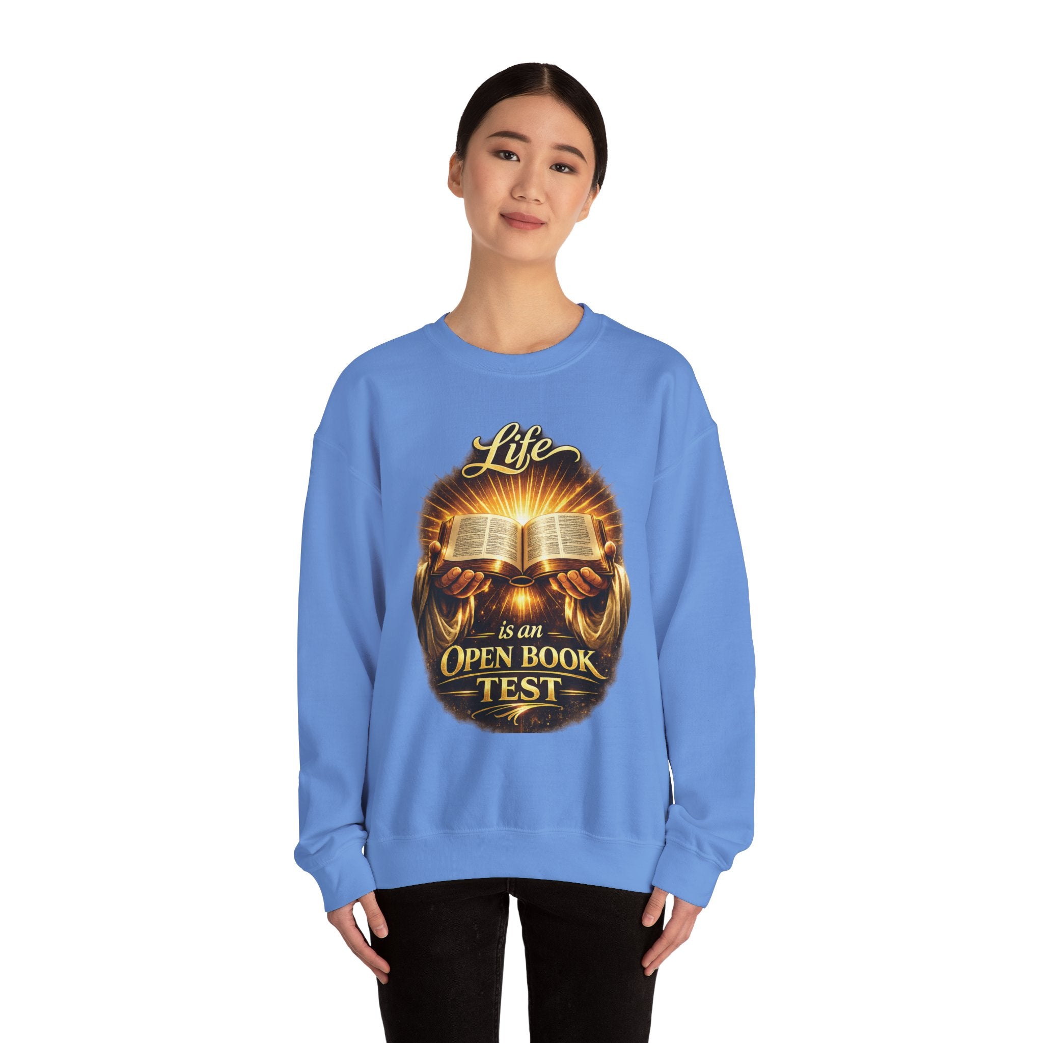 Christian Crewneck Sweatshirt - "Life is an Open Book Test" Inspirational Bible Design