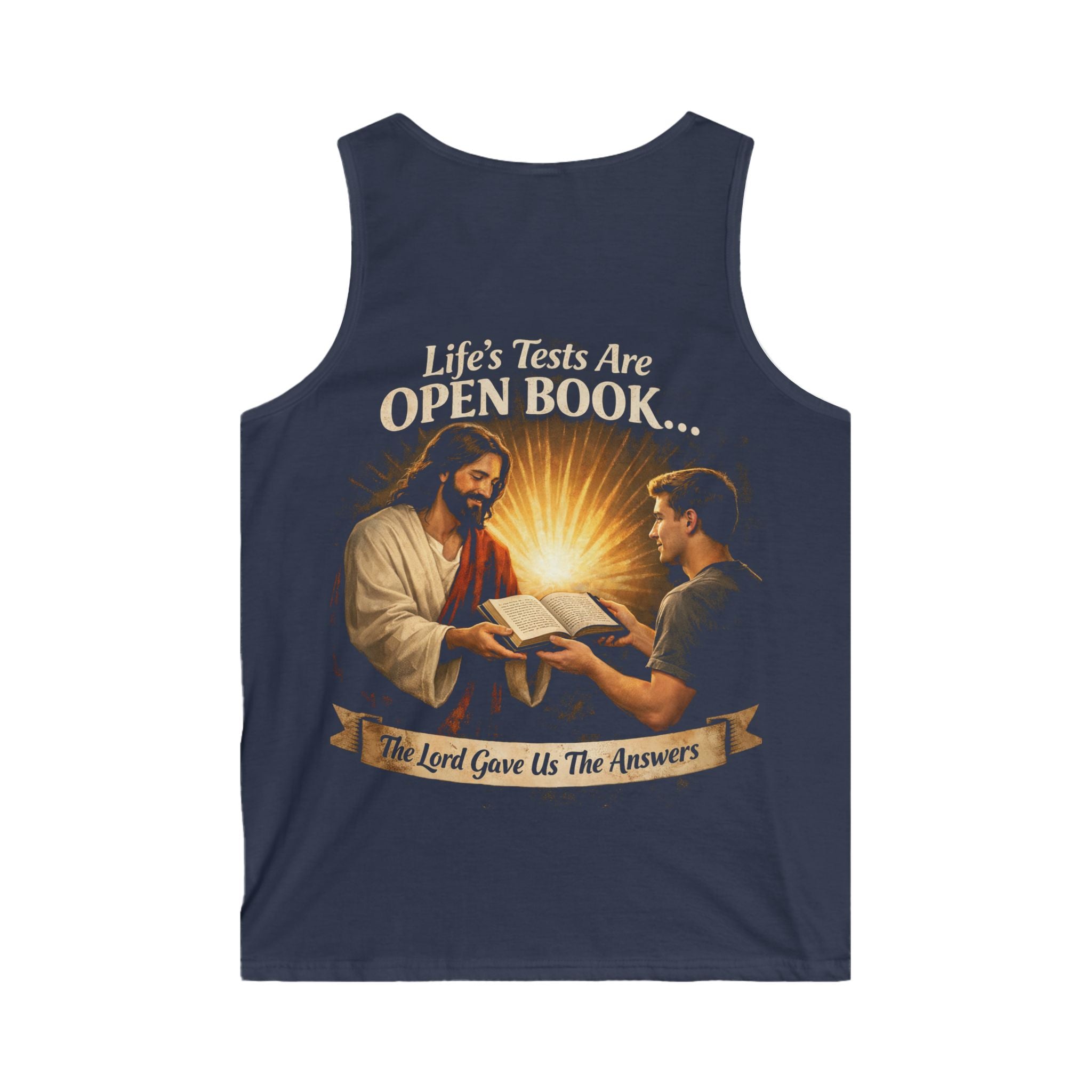 Christian Tank Top — "Life's Tests Are Open Book" Jesus & Bible Graphic