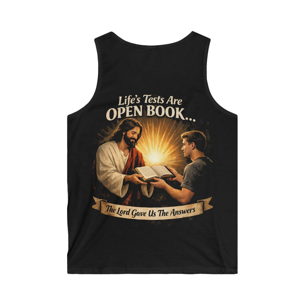Christian Tank Top — "Life's Tests Are Open Book" Jesus & Bible Graphic