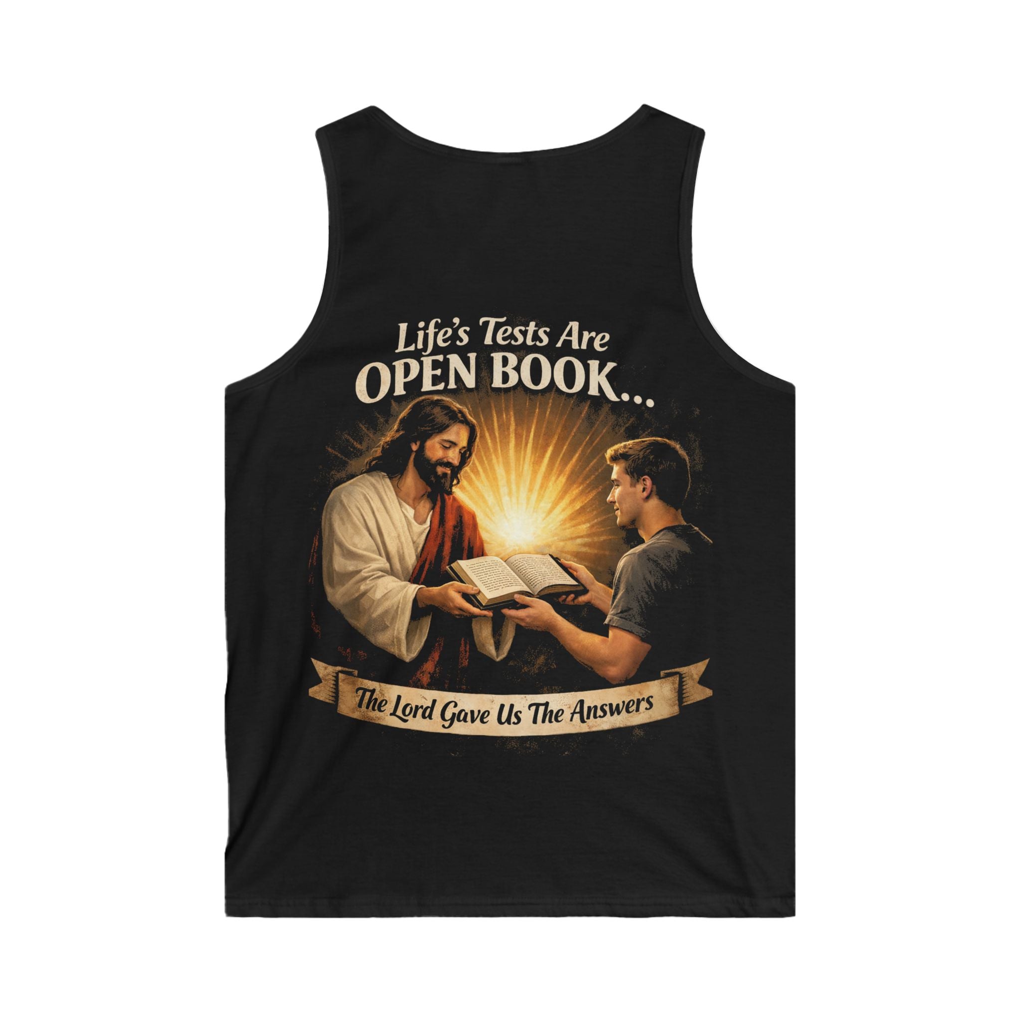 Christian Tank Top — "Life's Tests Are Open Book" Jesus & Bible Graphic