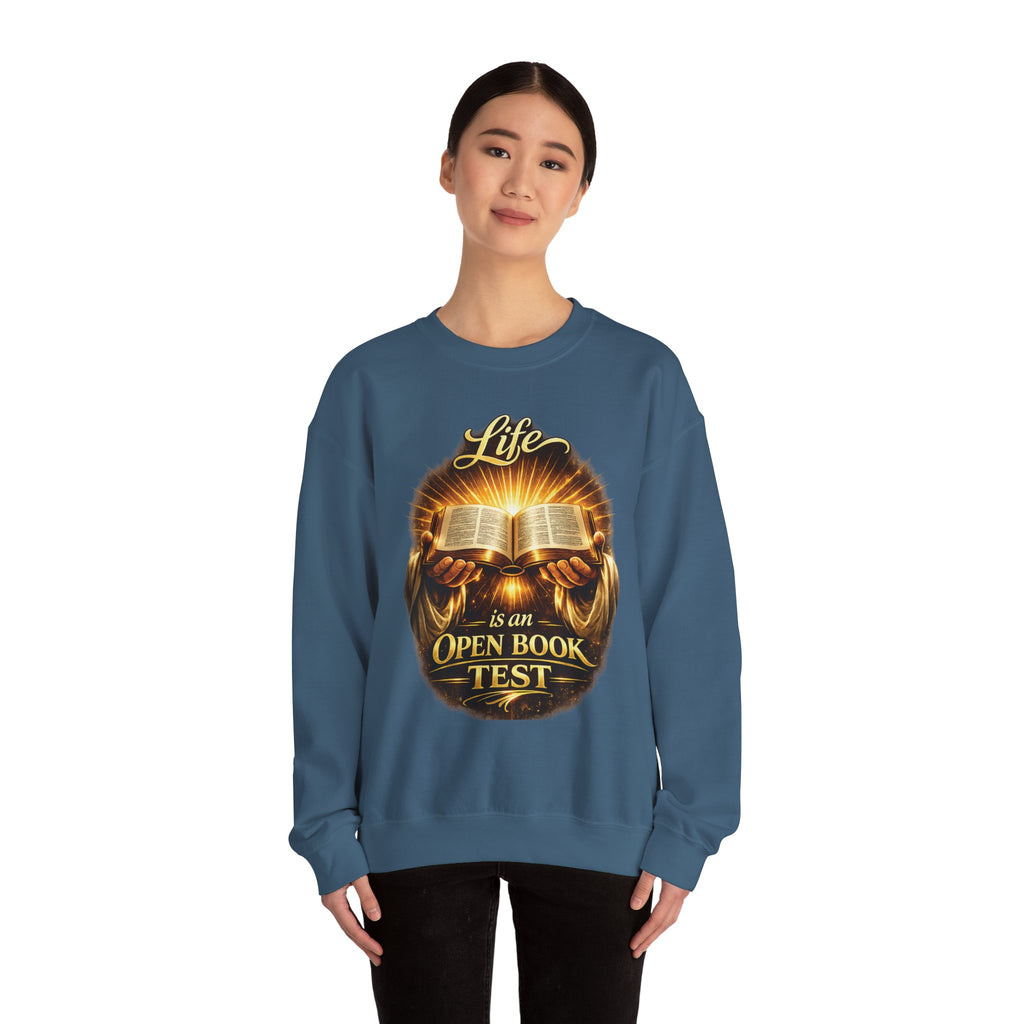 Christian Crewneck Sweatshirt - "Life is an Open Book Test" Inspirational Bible Design