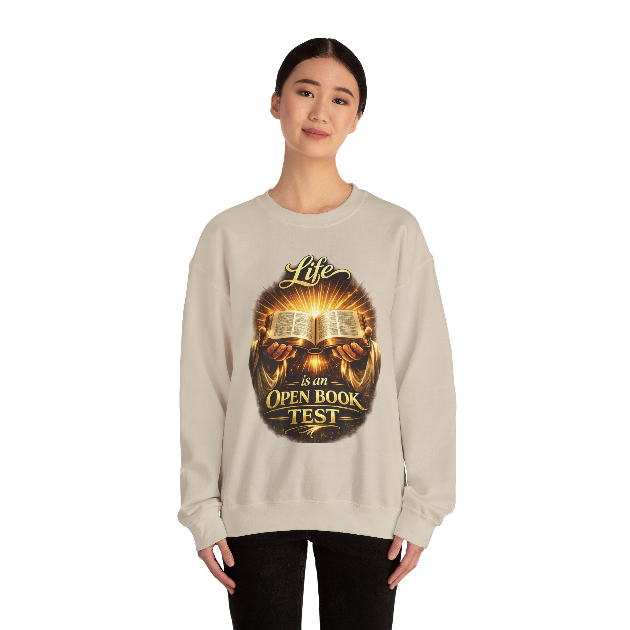Christian Crewneck Sweatshirt - "Life is an Open Book Test" Inspirational Bible Design